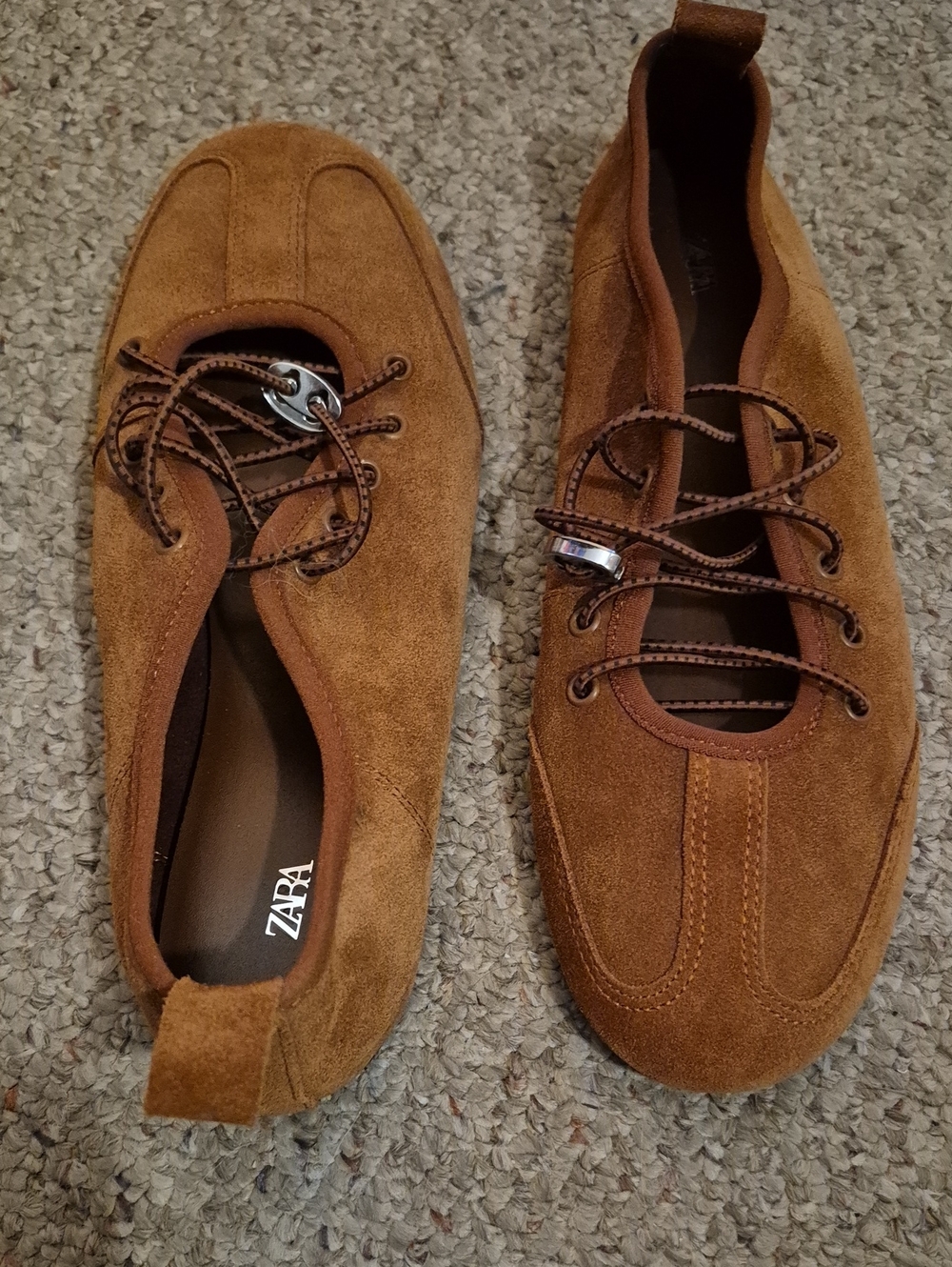 ZARA Suede Lace-Up Ballet Shoes in Brown
